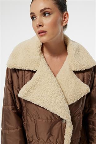 Faux Fur Lined Belted Womens Short Coat BROWN