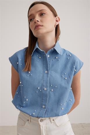 İnci Detay Sıfır Kol Kadın Gömlek BUZ MAVİ