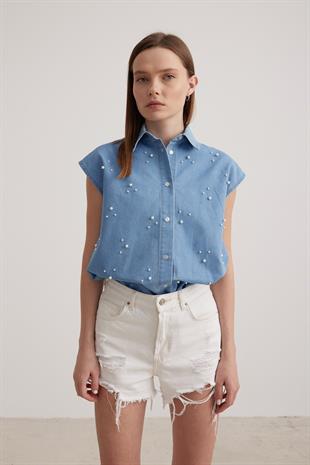 İnci Detay Sıfır Kol Kadın Gömlek BUZ MAVİ