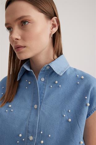 İnci Detay Sıfır Kol Kadın Gömlek BUZ MAVİ