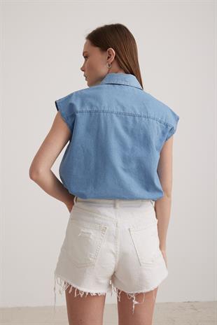 İnci Detay Sıfır Kol Kadın Gömlek BUZ MAVİ