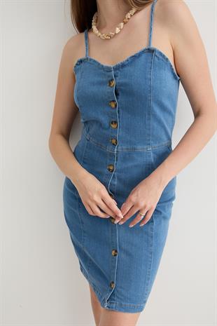 Kadın Askı Detaylı Straplez Elbise MAVİ