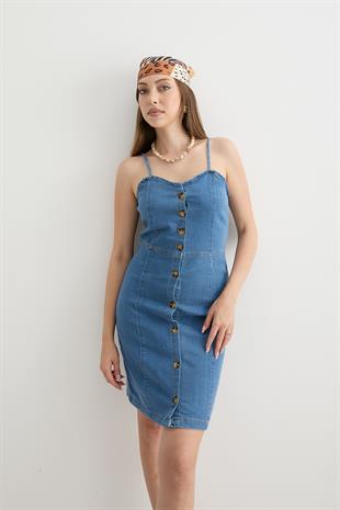Kadın Askı Detaylı Straplez Elbise MAVİ