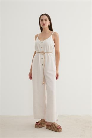 Kadın Askılı Keten Tulum TAŞ