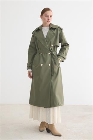 Kadın Bağlamalı Uzun Trençkot HAKİ