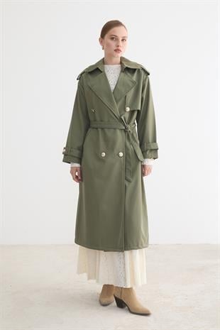 Kadın Bağlamalı Uzun Trençkot HAKİ