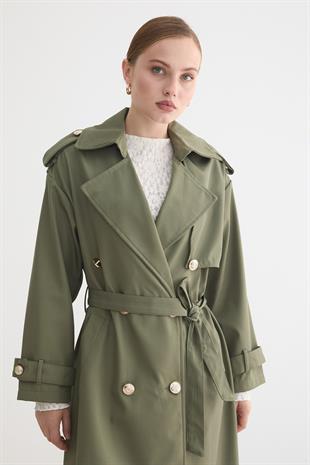 Kadın Bağlamalı Uzun Trençkot HAKİ