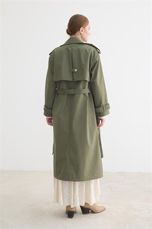 Kadın Bağlamalı Uzun Trençkot HAKİ