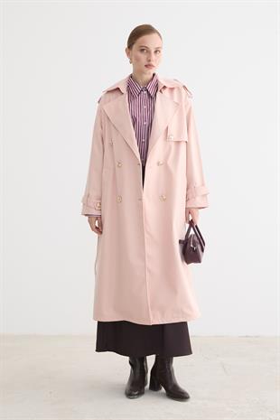 Kadın Bağlamalı Uzun Trençkot PUDRA