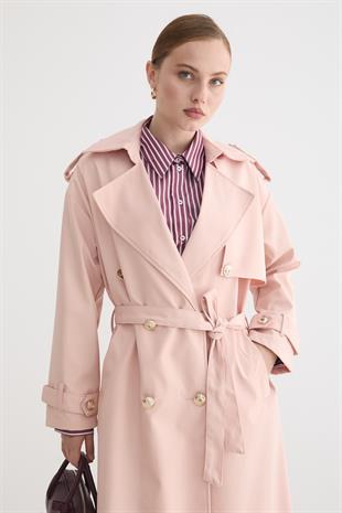 Kadın Bağlamalı Uzun Trençkot PUDRA