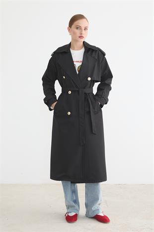 Kadın Bağlamalı Uzun Trençkot SİYAH