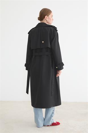 Kadın Bağlamalı Uzun Trençkot SİYAH
