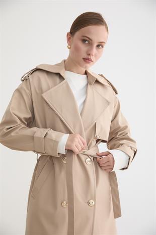 Kadın Bağlamalı Uzun Trençkot TAŞ