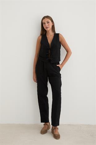 Kadın Beli Kordon Detaylı Desenli Kapitone Pantolon SİYAH