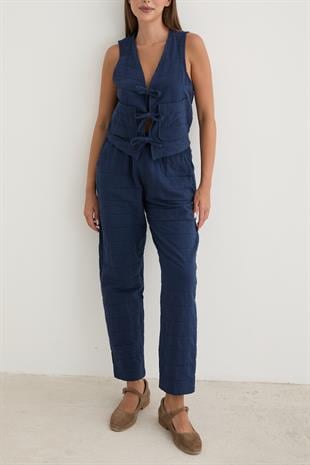 Kadın Beli Kordon Detaylı Desenli Kapitone Pantolon LACİVERT