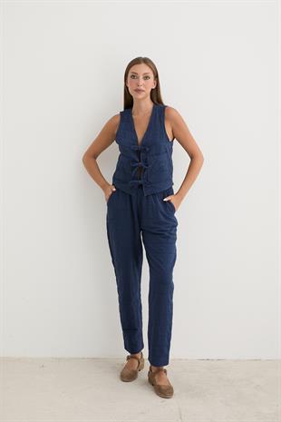 Kadın Beli Kordon Detaylı Desenli Kapitone Pantolon LACİVERT