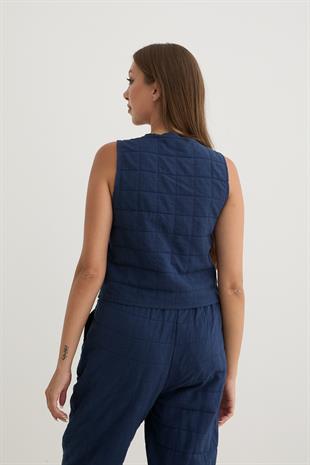 Kadın Beli Kordon Detaylı Desenli Kapitone Pantolon LACİVERT