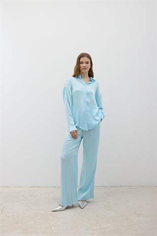 Kadın Beli Lastikli Saten Pantolon BEBE MAVİ