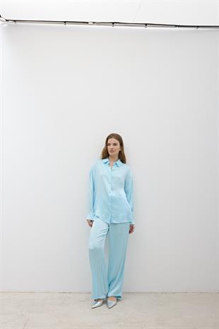 Kadın Beli Lastikli Saten Pantolon BEBE MAVİ