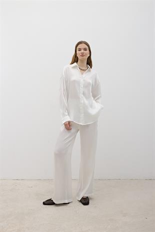 Kadın Beli Lastikli Saten Pantolon EKRU