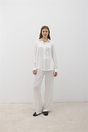 Kadın Beli Lastikli Saten Pantolon EKRU