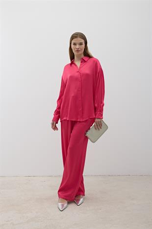 Kadın Beli Lastikli Saten Pantolon FUŞYA
