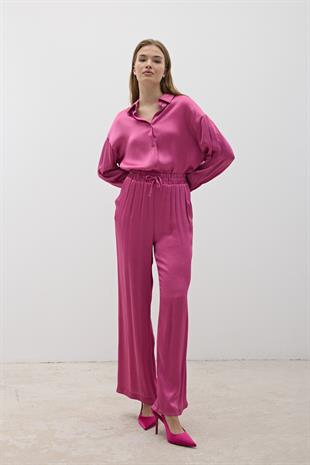 Kadın Beli Lastikli Saten Pantolon KOYU PEMBE