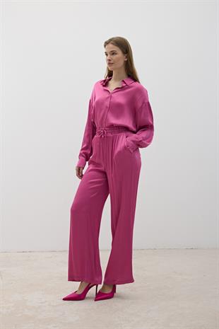 Kadın Beli Lastikli Saten Pantolon KOYU PEMBE