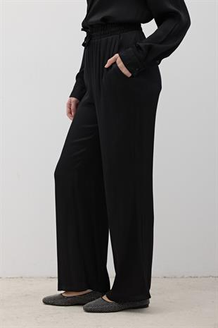 Kadın Beli Lastikli Saten Pantolon SİYAH