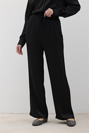 Kadın Beli Lastikli Saten Pantolon SİYAH