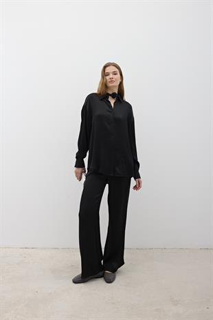 Kadın Beli Lastikli Saten Pantolon SİYAH