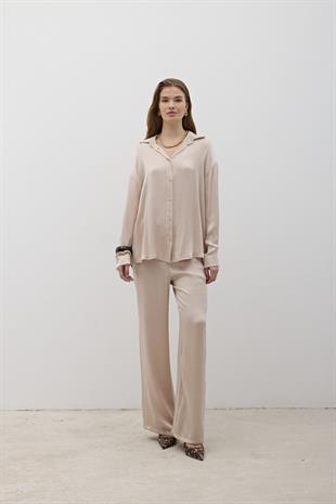 Kadın Beli Lastikli Saten Pantolon TAŞ