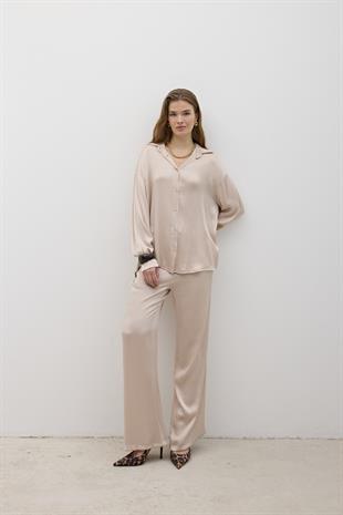 Kadın Beli Lastikli Saten Pantolon TAŞ