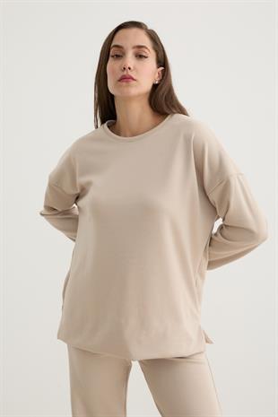 Kadın Bisiklet Yaka Oversize Sweatshirt TAŞ