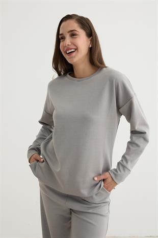 Kadın Bisiklet Yaka Oversize Sweatshirt GRİ