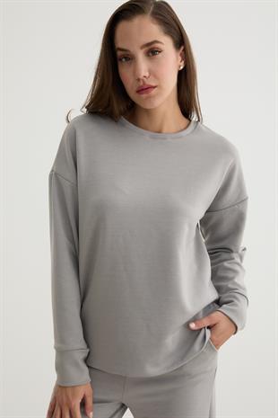 Kadın Bisiklet Yaka Oversize Sweatshirt GRİ