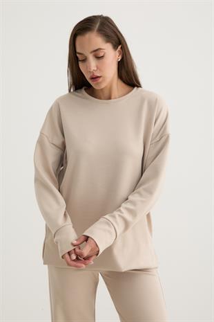 Kadın Bisiklet Yaka Oversize Sweatshirt TAŞ