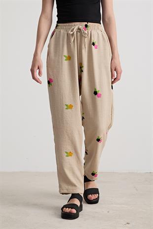 Kadın Çiçek Desenli Beli Lastikli Pantolon TAŞ