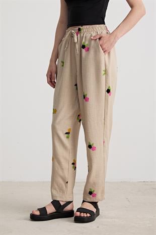 Kadın Çiçek Desenli Beli Lastikli Pantolon TAŞ