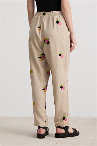 Kadın Çiçek Desenli Beli Lastikli Pantolon TAŞ