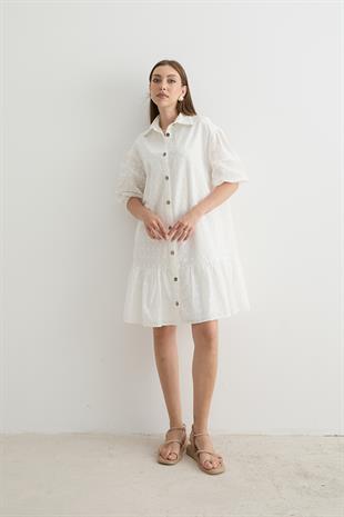 Kadın Çiçek Desenli Kısa Kollu Elbise BEYAZ