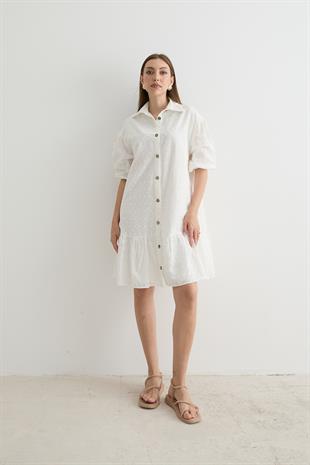 Kadın Çiçek Desenli Kısa Kollu Elbise BEYAZ