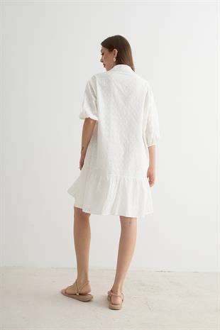 Kadın Çiçek Desenli Kısa Kollu Elbise BEYAZ