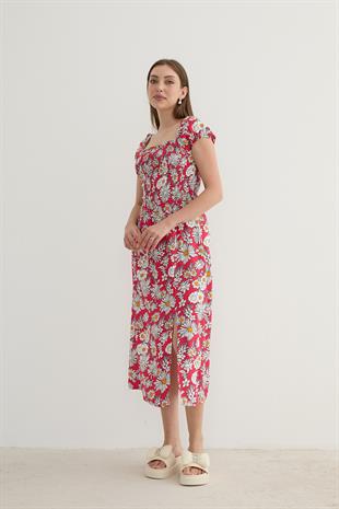 Kadın Çiçek Desenli Yırtmajlı Elbise KIRMIZI