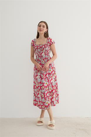Kadın Çiçek Desenli Yırtmajlı Elbise KIRMIZI