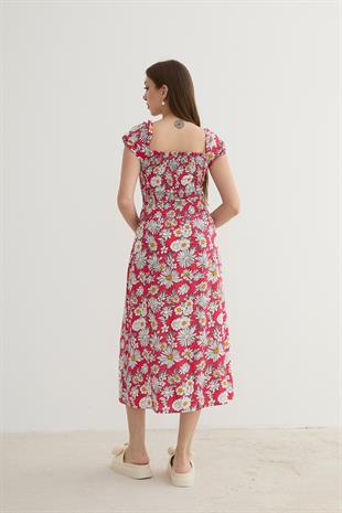 Kadın Çiçek Desenli Yırtmajlı Elbise KIRMIZI