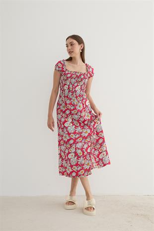 Kadın Çiçek Desenli Yırtmajlı Elbise KIRMIZI