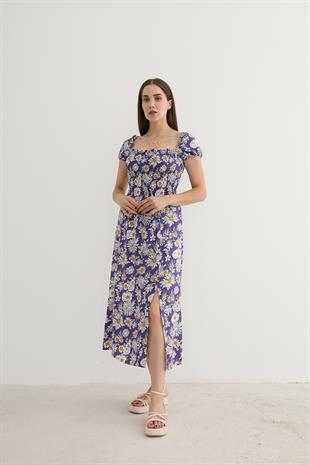 Kadın Çiçek Desenli Yırtmajlı Elbise MOR