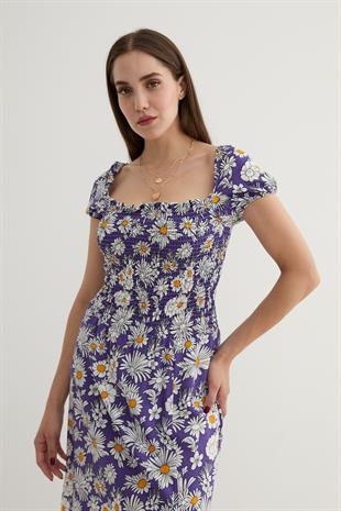 Kadın Çiçek Desenli Yırtmajlı Elbise MOR