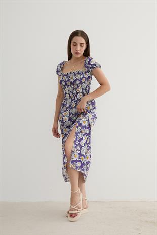 Kadın Çiçek Desenli Yırtmajlı Elbise MOR